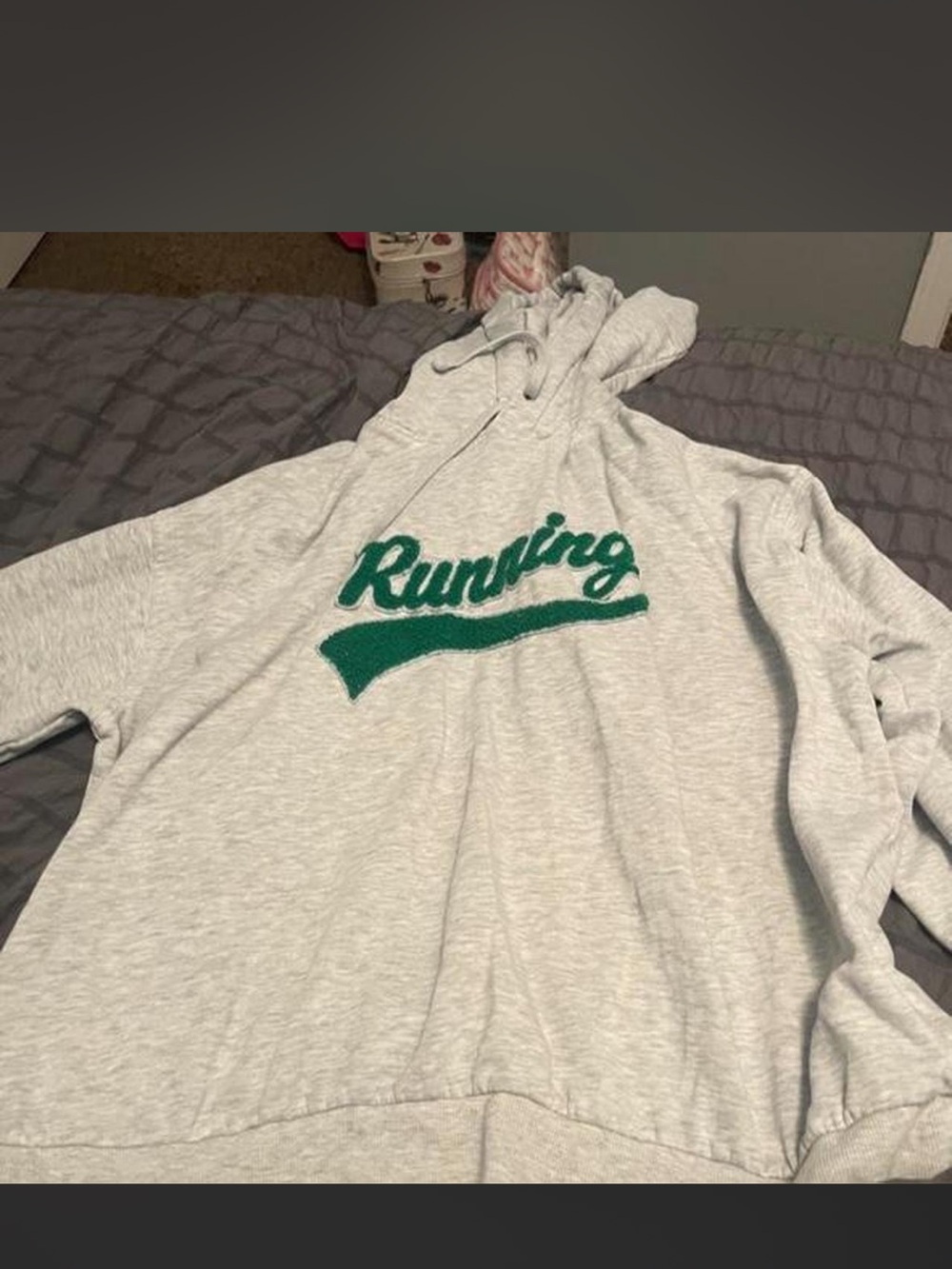 H&M Light Gray Hoodie with Green 'Running' Script